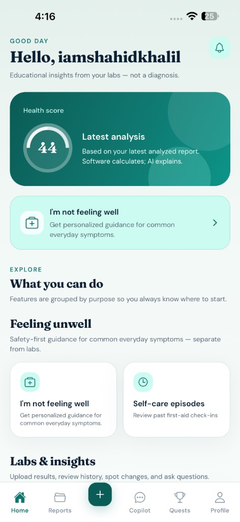 Heloo Health home dashboard showing health score and explore features