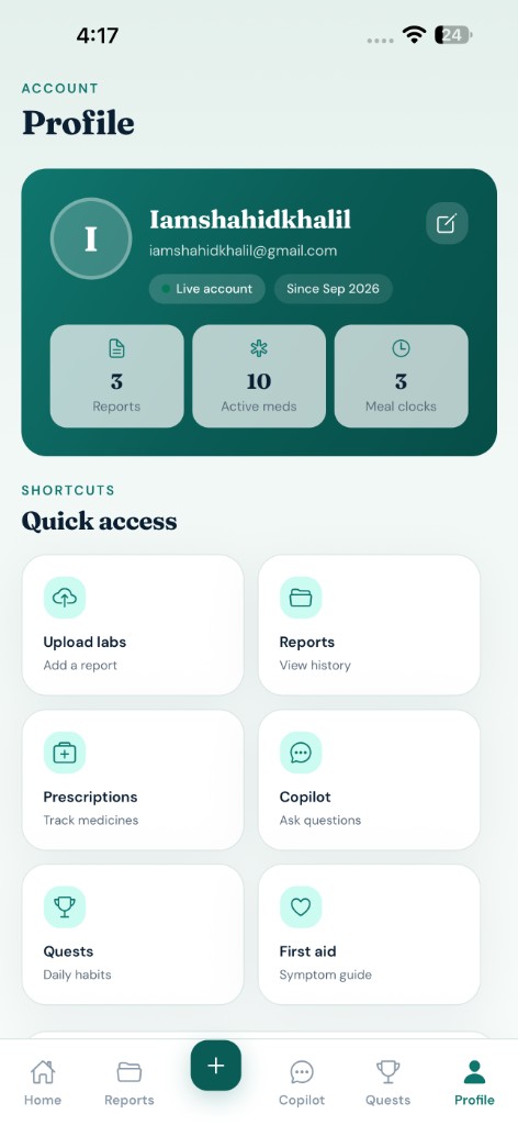 Profile screen with quick access grid