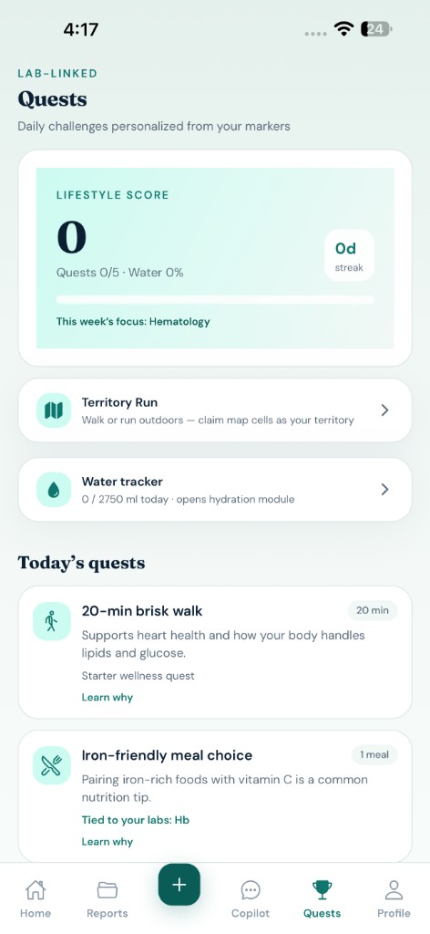 Quests lifestyle score and today's challenges